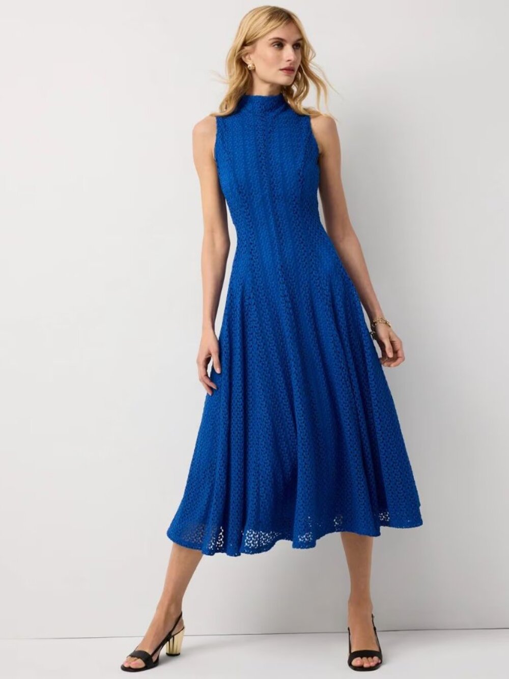 WHBM $240 STRETCHY WRINKLE FREE Mock Neck Knit Lace Midi Dress Nautical Blue